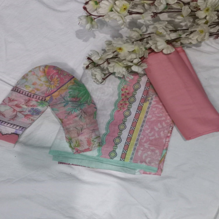 Pink Unstitched pure cotton lawn dress material office wear