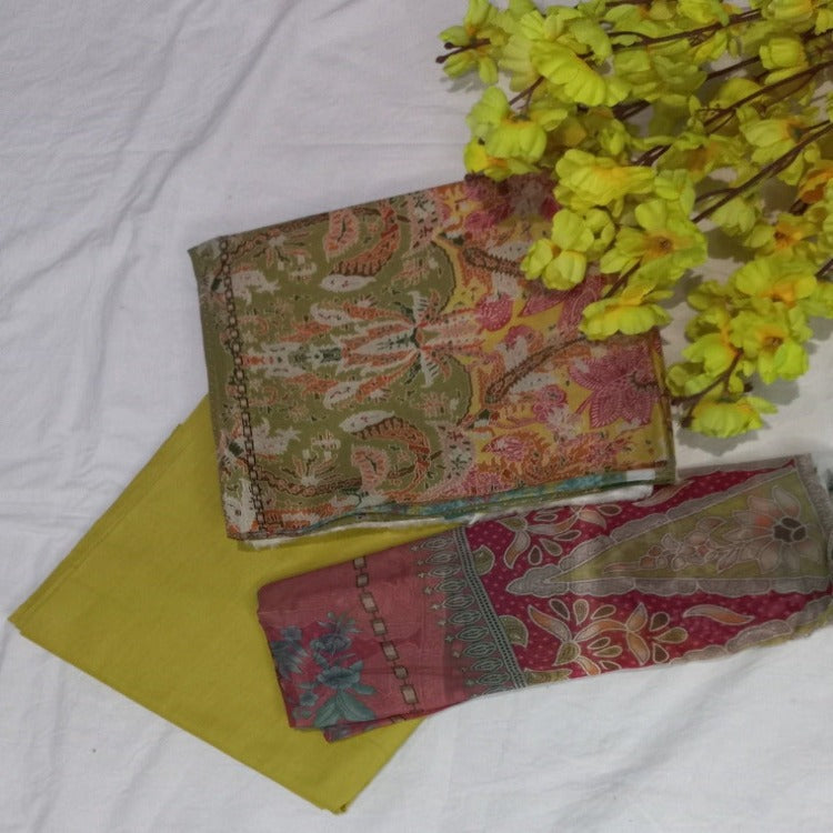 Yellow Unstitched pure cotton lawn dress material office wear