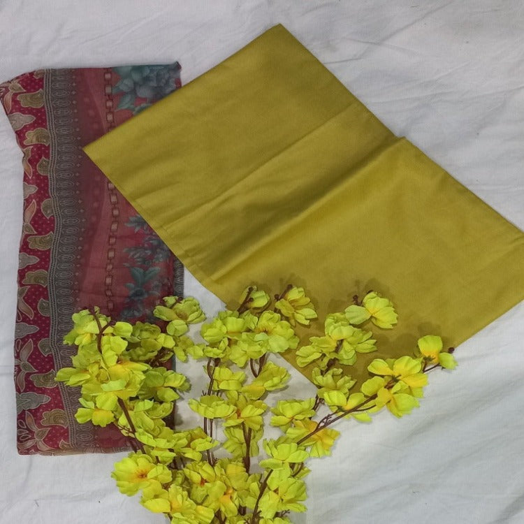 Yellow Unstitched pure cotton lawn dress material office wear