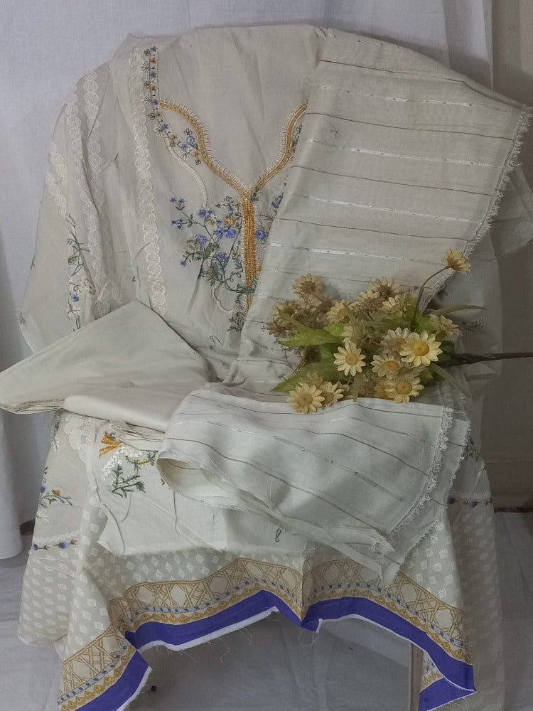 Cream Blue  Unstitched pure cotton lawn dress material party wear 