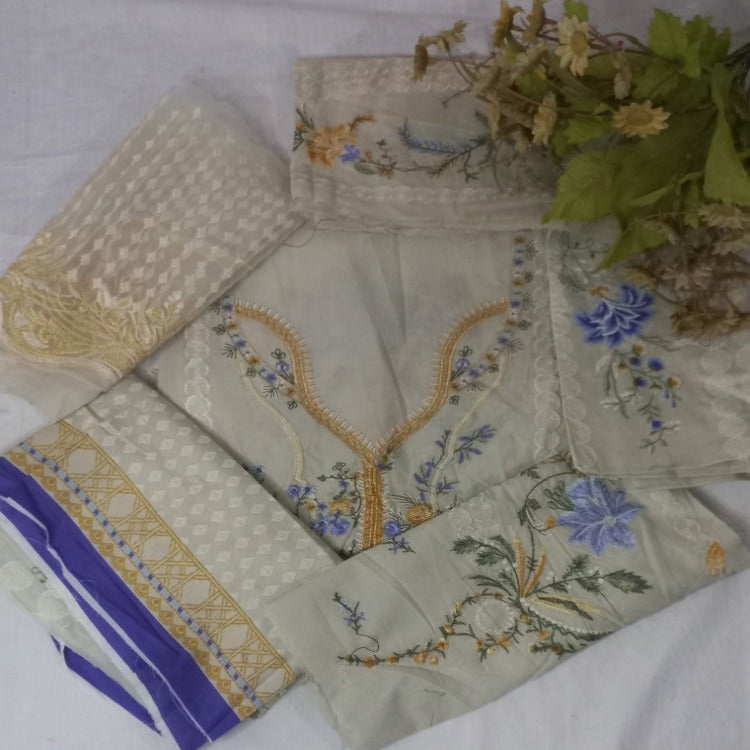 Cream Blue Unstitched pure cotton lawn dress material party wear