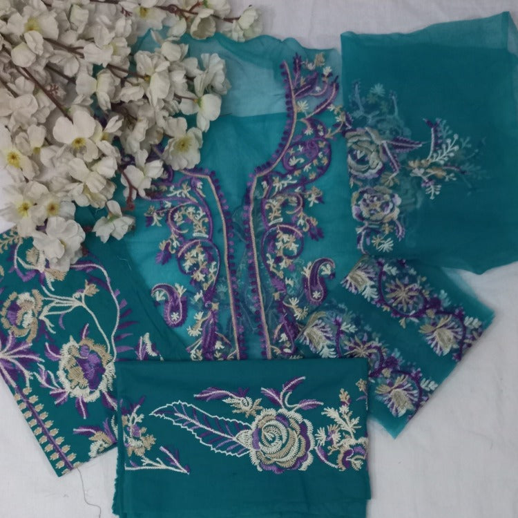 Dark  Green Unstitched pure cotton lawn dress material party wear 