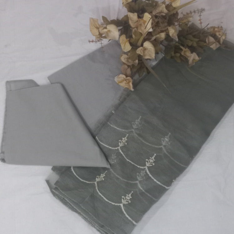 Grey Blue Unstitched pure cotton lawn dress material party wear 