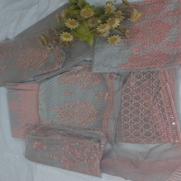 Grey pink party suit Unstitched pure cotton lawn  dress material winter wear