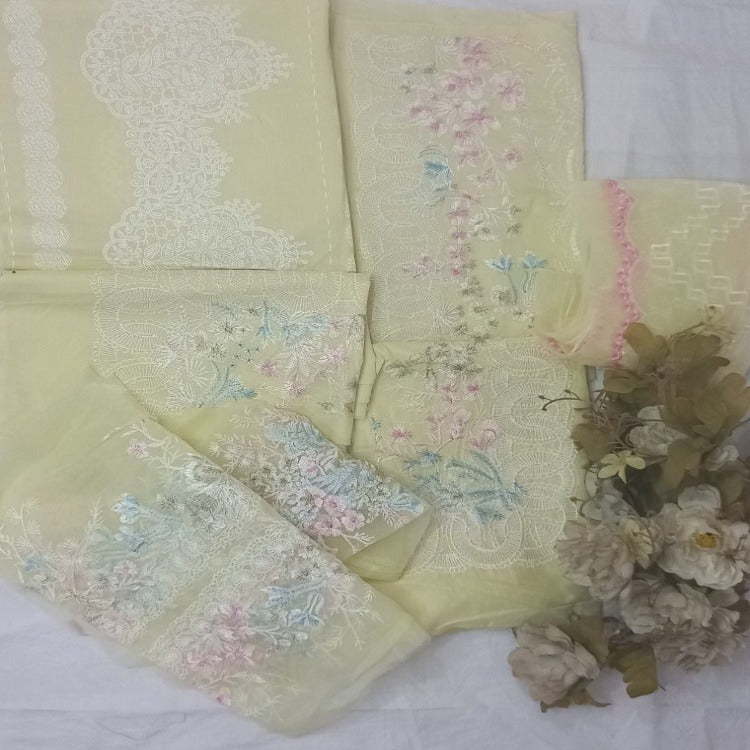 Light Yellow Unstitched pure cotton lawn dress material party wear