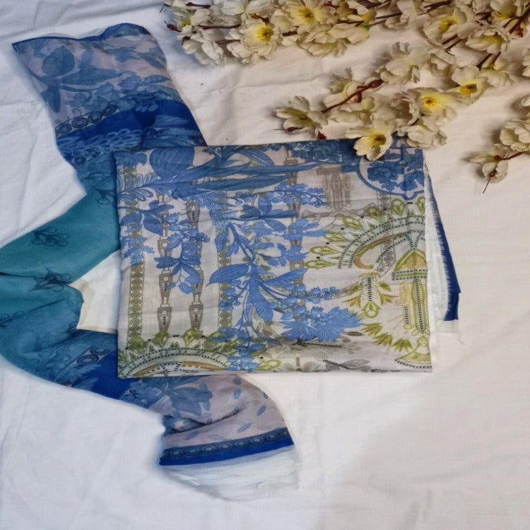 Blue Unstitched pure cotton lawn dress material office wear