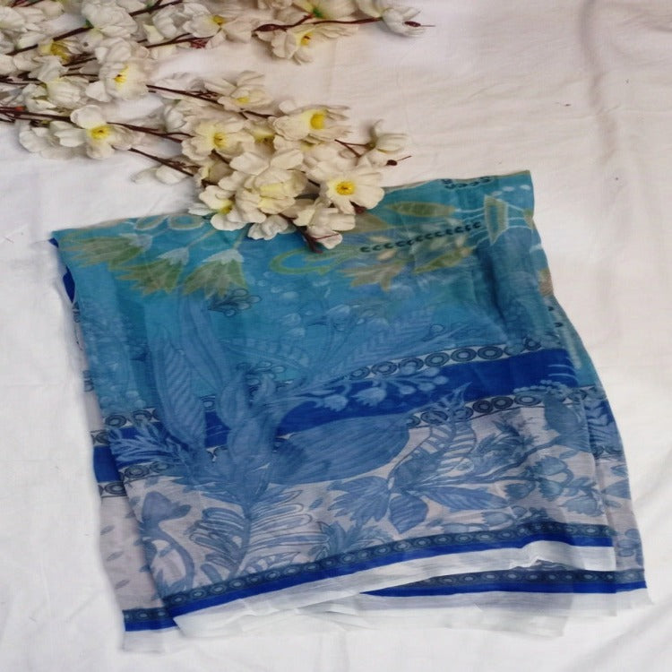 Blue Unstitched pure cotton lawn dress material office wear