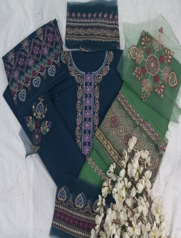 Blue  Green Unstitched pure cotton lawn dress material winter wear