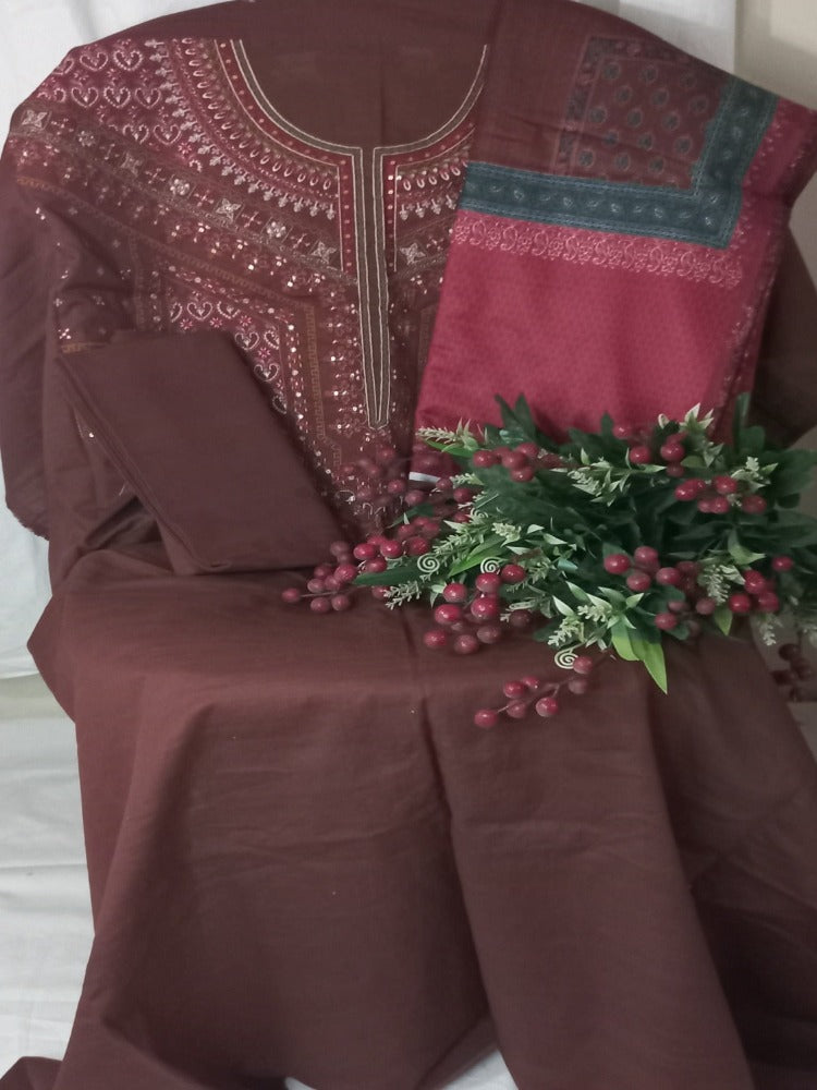 Brown Unstitched pure cotton lawn  dress material winter wear