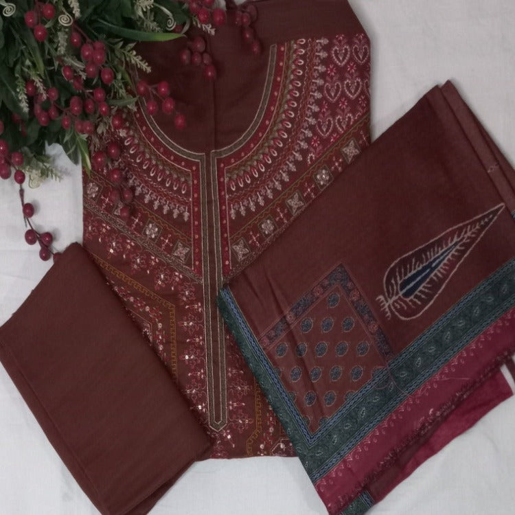 Brown Unstitched pure cotton lawn  dress material winter wear