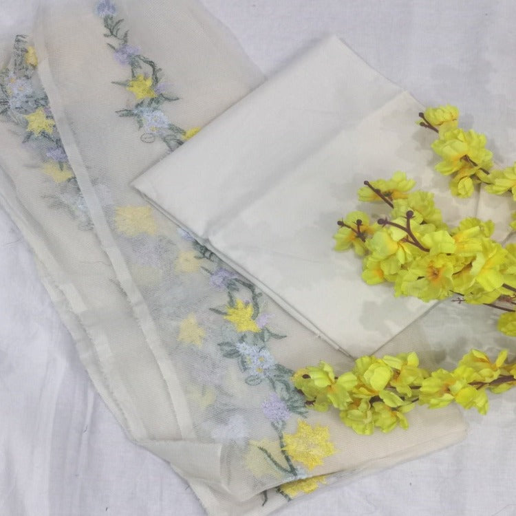 White Yellow Unstitched pure cotton lawn dress material party wear