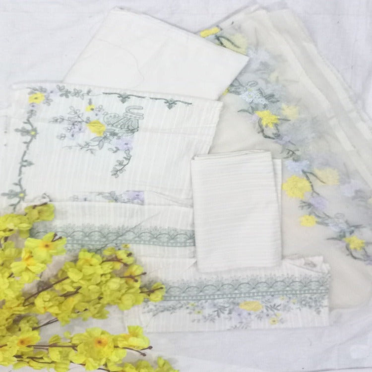 White Yellow Unstitched pure cotton lawn dress material party wear