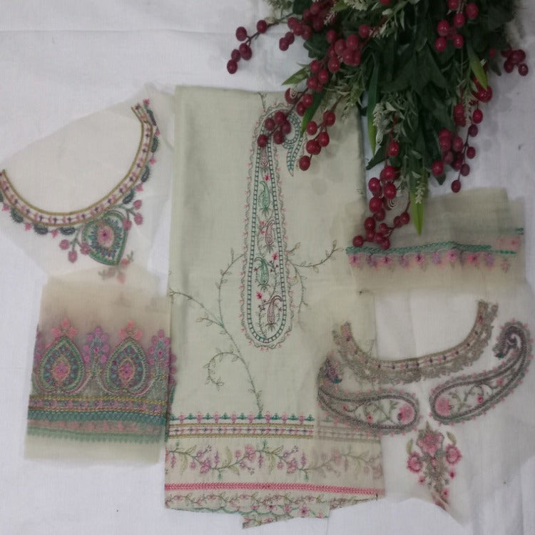 Cream Unstitched pure cotton lawn dress material winter wear