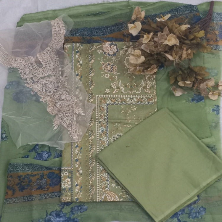 Green  Unstitched pure cotton lawn dress material party wear 