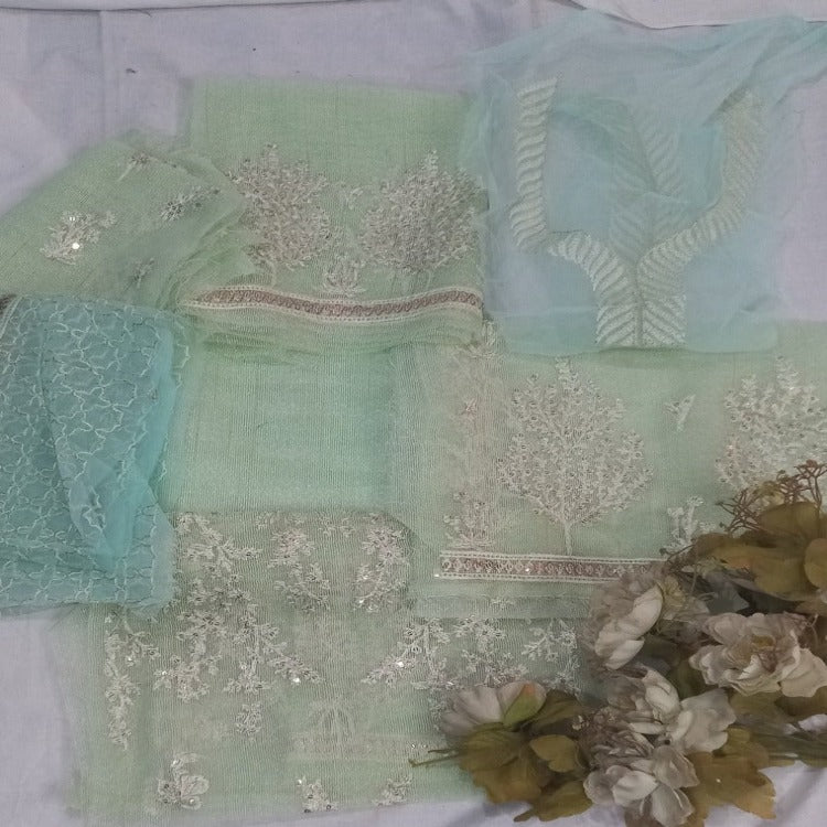 Light Green Unstitched pure cotton lawn dress material party wear