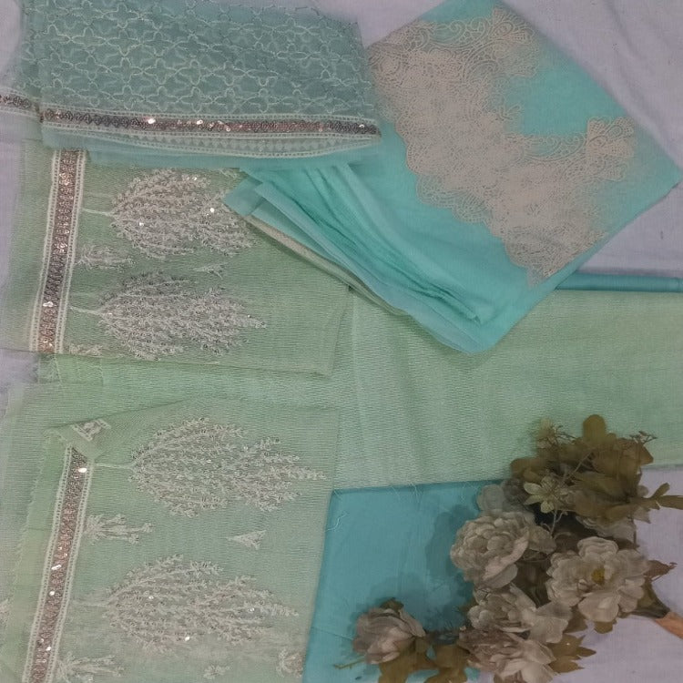 Light Green Unstitched pure cotton lawn dress material party wear