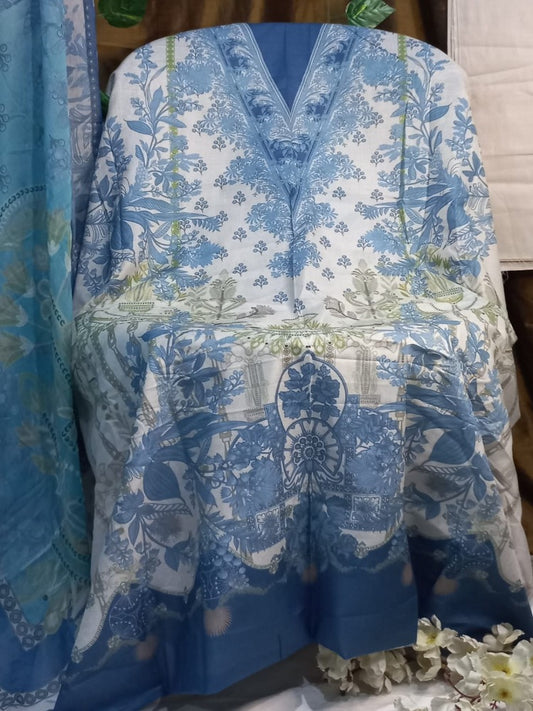 Blue Unstitched pure cotton lawn dress material office wear