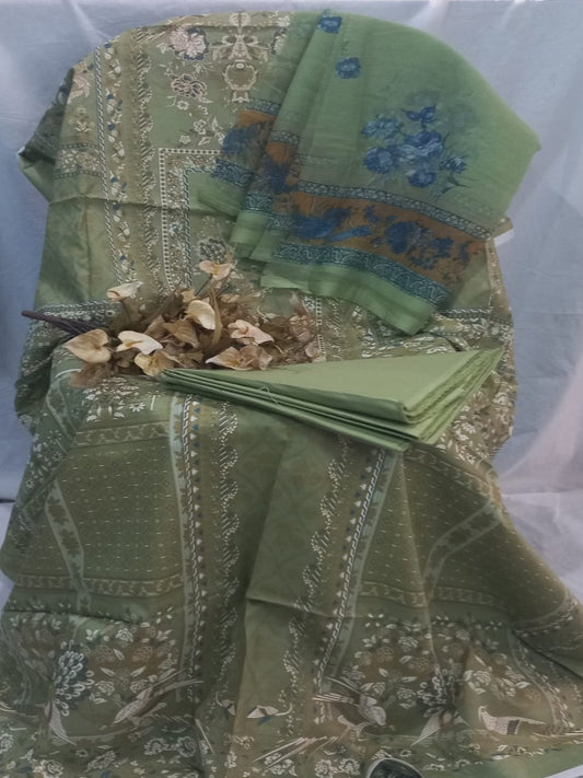 Green  Unstitched pure cotton lawn dress material party wear 