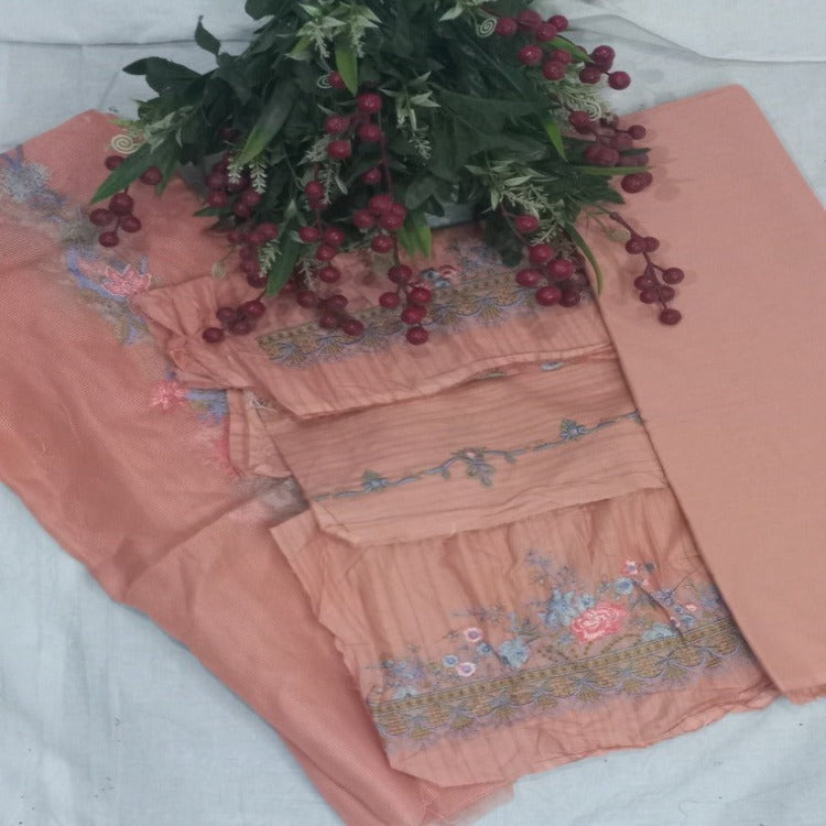 Peach Unstitched pure cotton lawn dress material party wear